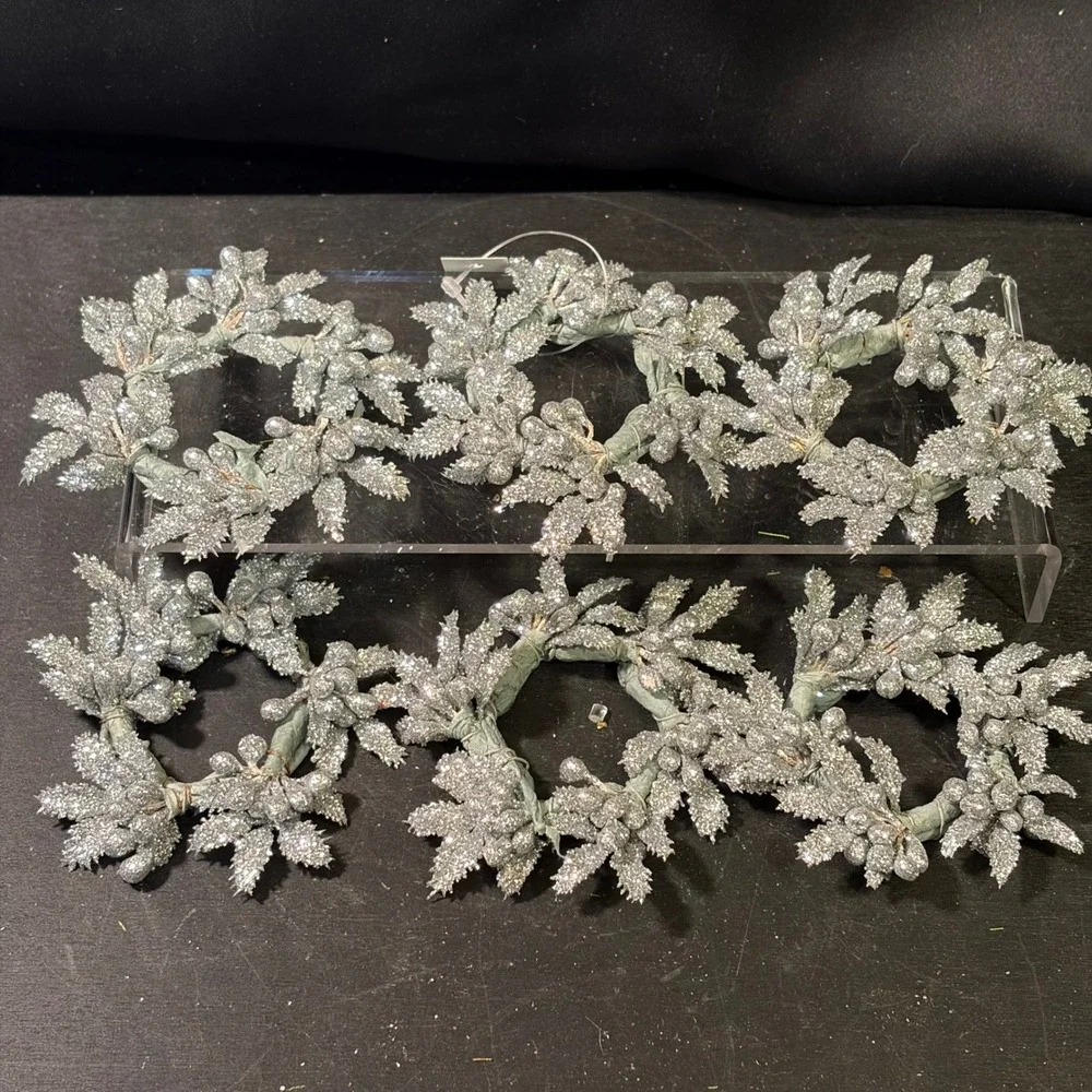 Silver Glitter Berry Leaf Napkin Rings Set of 6 Holiday Christmas Table Decor